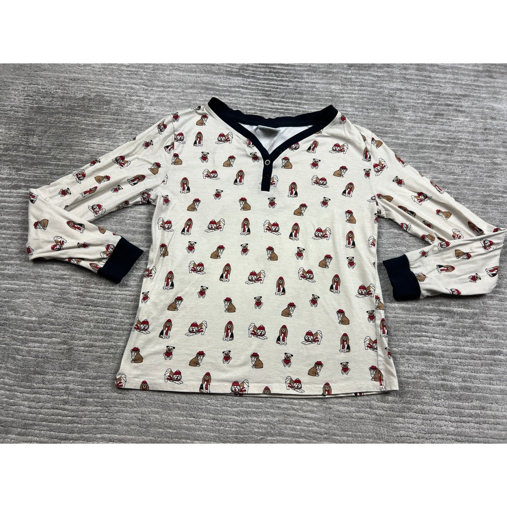 Serra Henley Top Womens Medium Cream Dog Print Winter Long Sleeve Cotton Blend